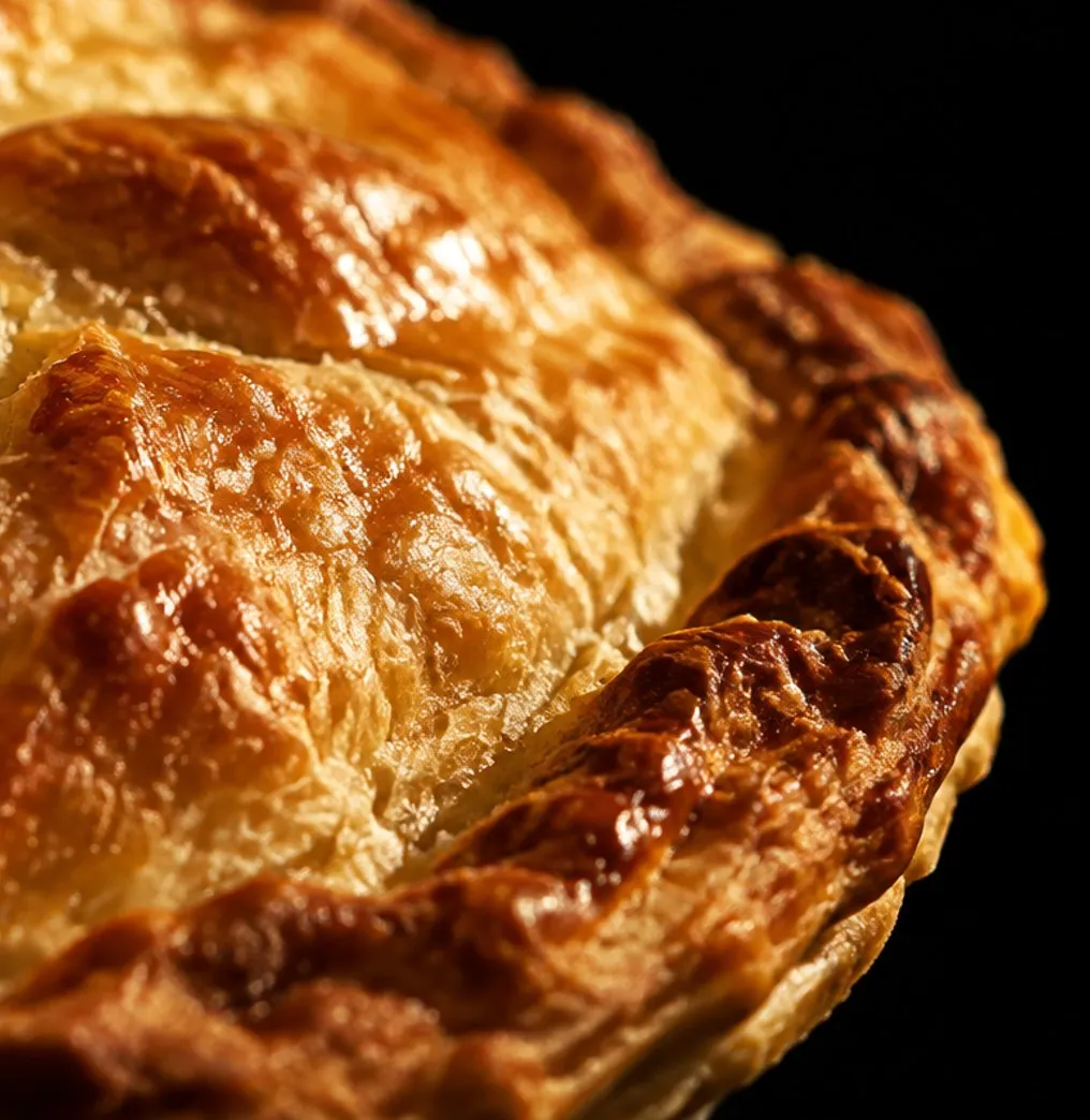 The blistered, golden edge of a baked pie crust against black