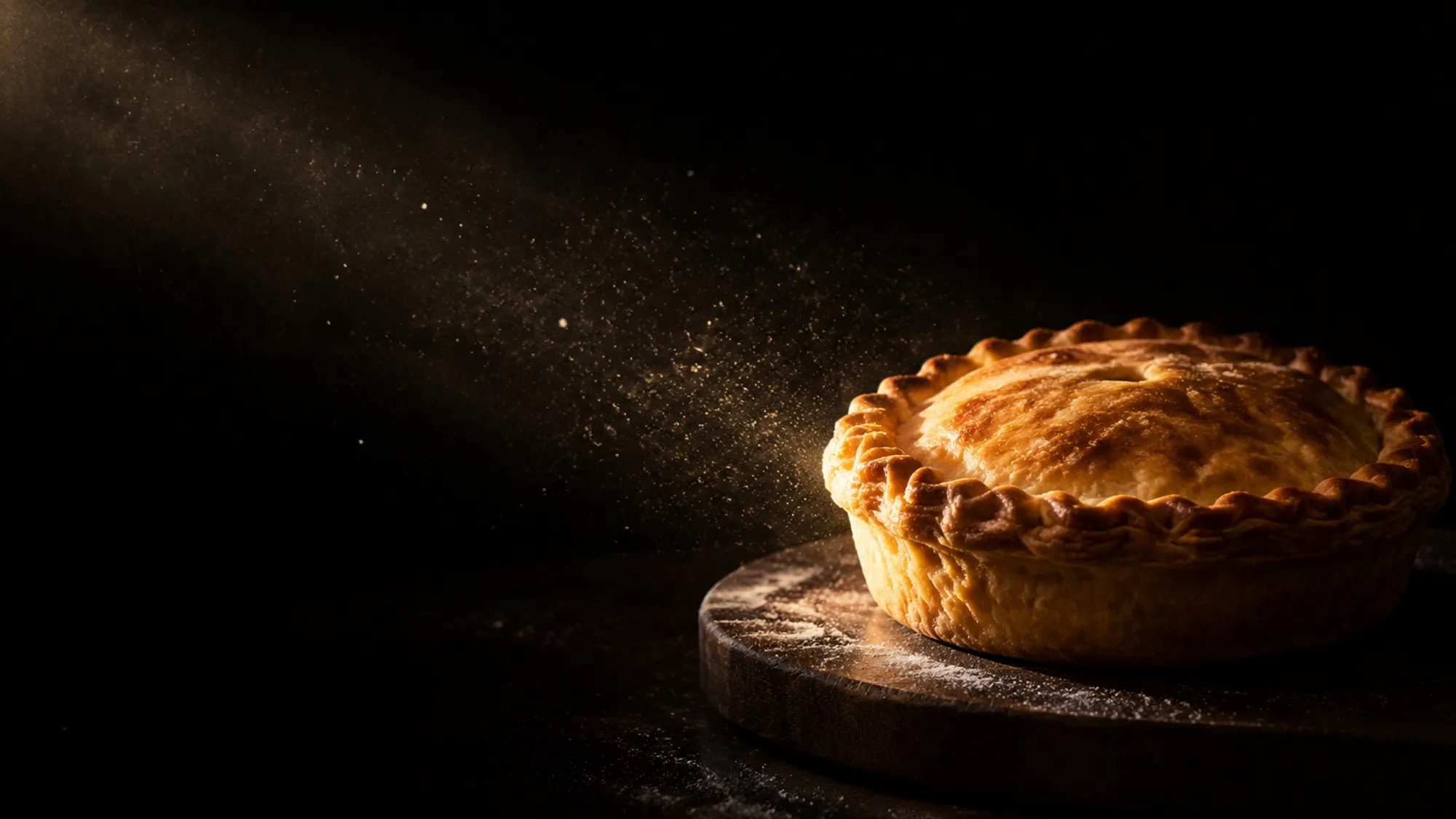 A golden chicken pie with a crimped edge on a dark wooden board, flour dust drifting through a beam of light